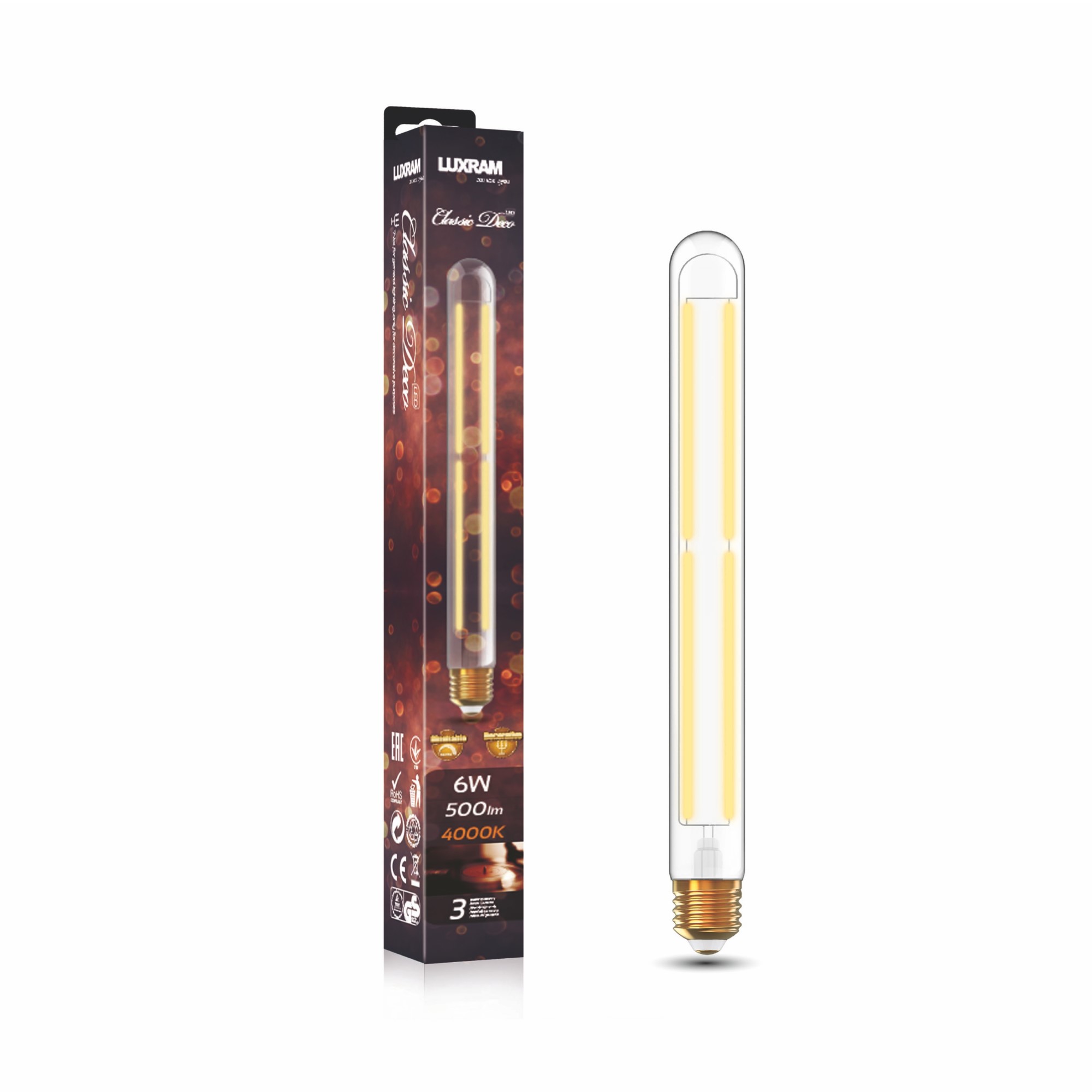 703392262  Classic Deco LED 280mm Tubular Line E27 Dimmable 6W 4000K 500lm